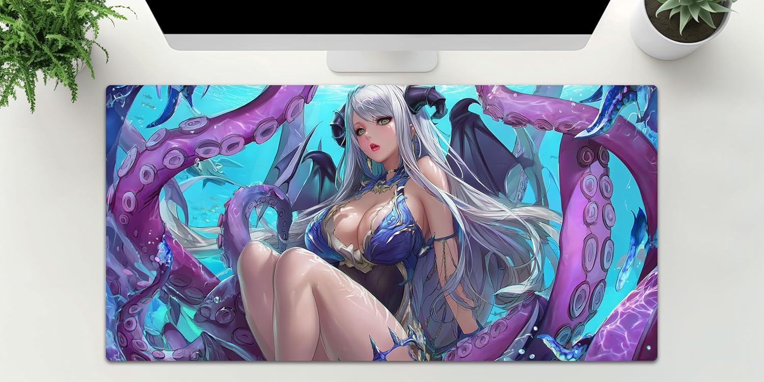 Personalized Abyssal Anime Gaming Office Mouse Mat, Argent-Silver Girl Core Luminescent Tendril Matrix Hydrostatic Holography Non-Slip XXL XL Large Mouse Pad