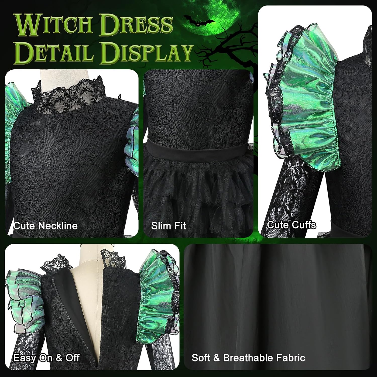 Witch Costume for Girls - Halloween Costume for Kids, Black Ruffled Witch Dress with Hat, Gloves Cosplay Outfits - Image 5