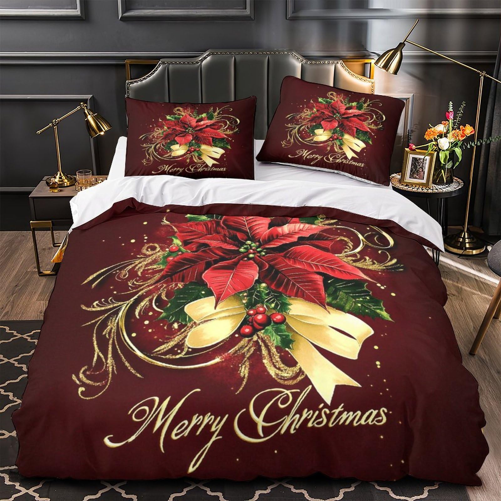 MMDASBVPE Christmas_flower Duvet Cover 3D Design Printed Hypoallergenic 3 Pieces Bedding Set Zipper Quilt Cover Ultra Soft Wrinkle-Resistant for Teens Kids Girls Boys Women Adults Double（200x200cm）