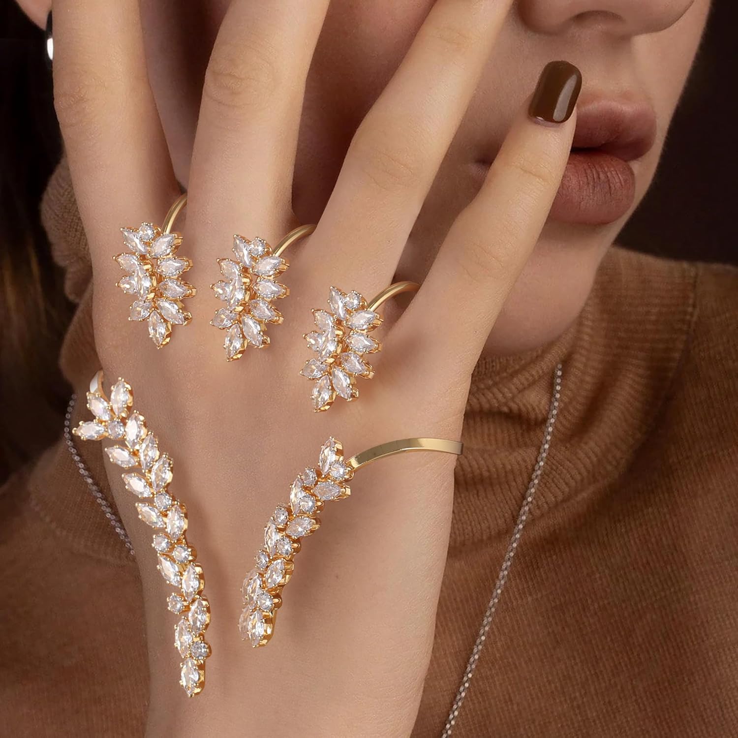 Statement Ring for Women, Silver CZ Hand Palm Multiple Finger Ring Bracelet Unique Leaf Design Full Finger Ring Jewelry Gift for Women Adjustable Size