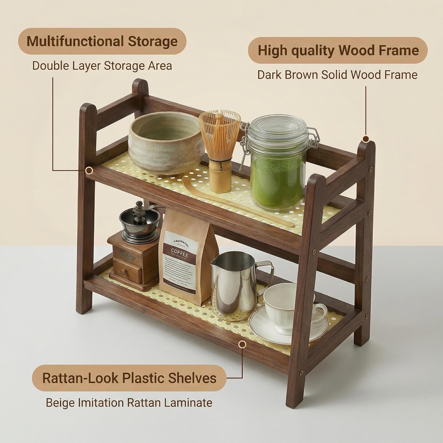 2 Tier Matcha Station, Coffee Bar Station Organizer for Accessories & Can Rack Organizer for Pantry