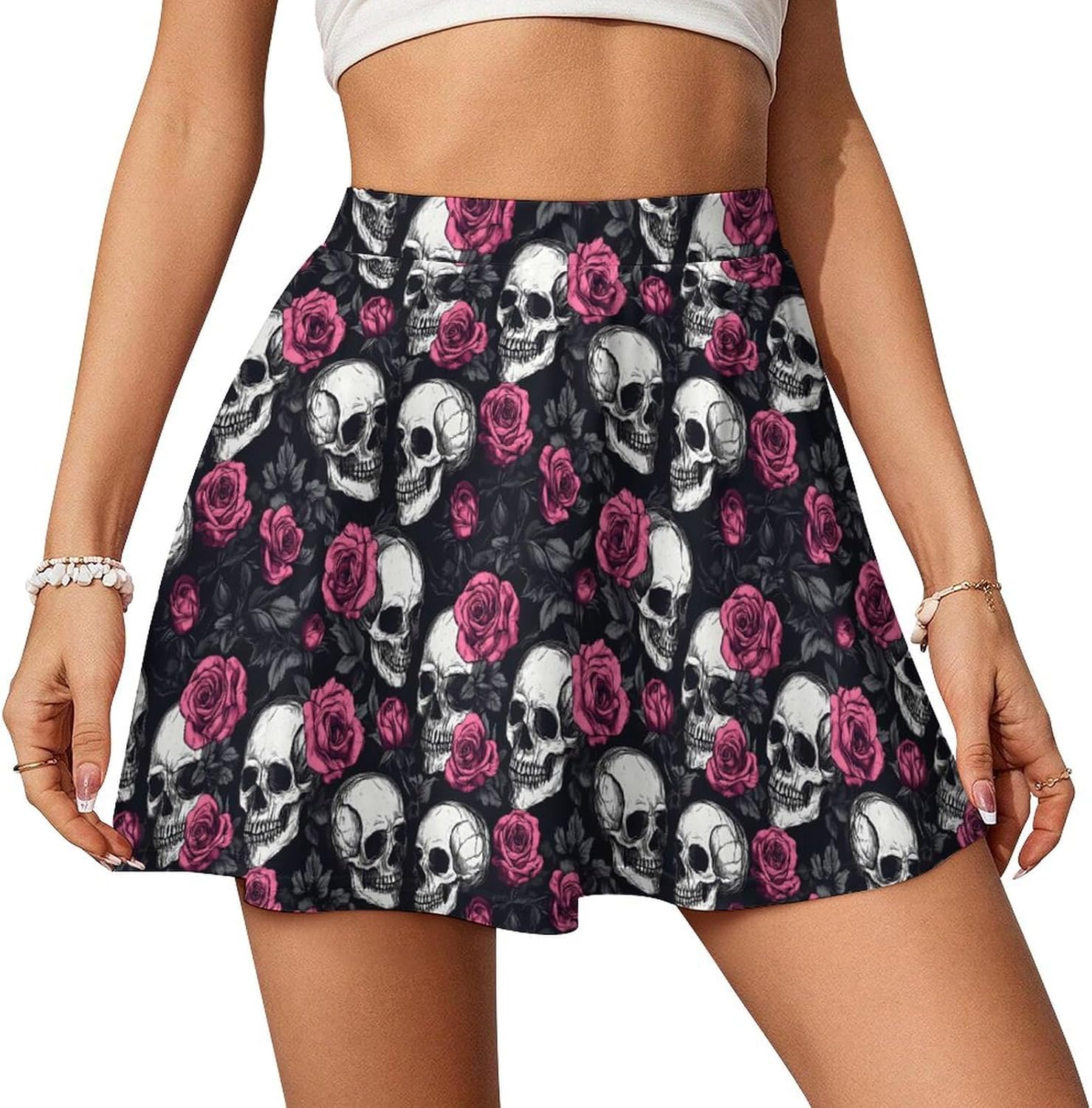 Skull And Roses Women Tennis Skirt Print Golf Skirts Mini Casual Workout Skorts