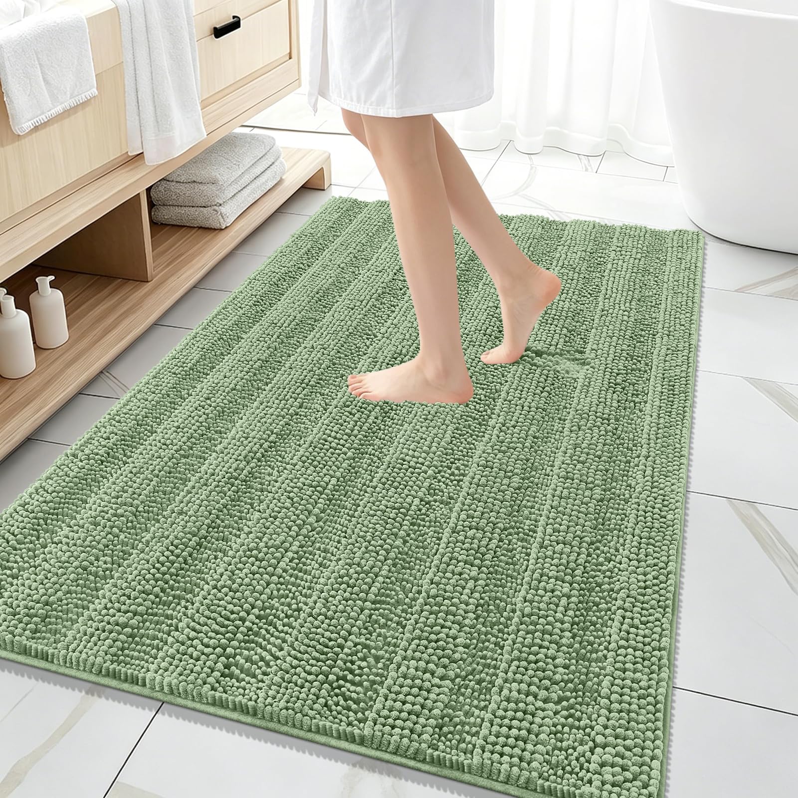 OLANLY Thick Large Bathroom Rugs 59x35, Chenille Bath Rugs, Sage Green