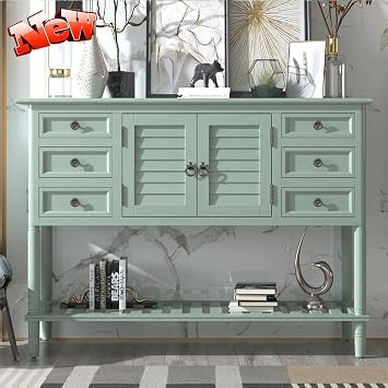 Elegant 45 Farmhouse Buffet Sideboard with Door Cabinet, 6 Drawers, Bottom Shelf, Thicken Solid Wood Rustic Accent Console Table Serving Cabinet for Entryway/Living Room Green Light Green
