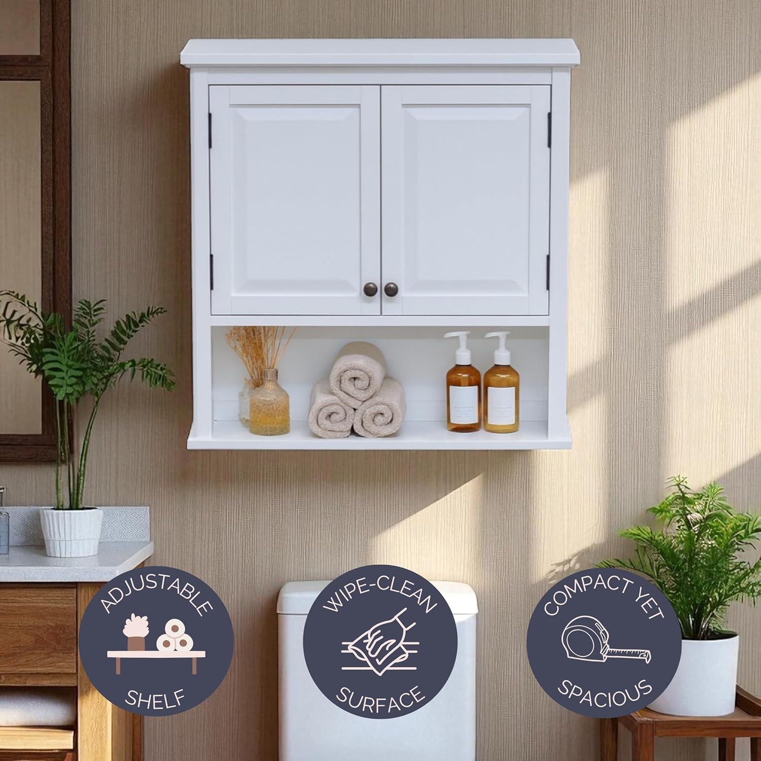 Dorset Bathroom Wall Cabinet - White Bathroom Cabinet Wall Mount Medicine Organizer with Adjustable Shelves, 2 Doors & Open Shelf - Space Saver Above Toilet Storage Cabinet by Alaterre Furniture