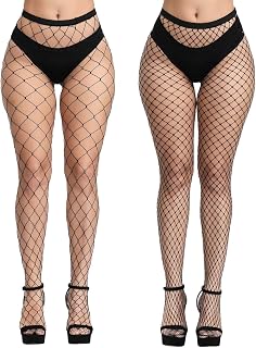 2 Pair Black Fishnet Stockings 2 Styles High Waist Tights for Women Thigh Pantyhose Stockings