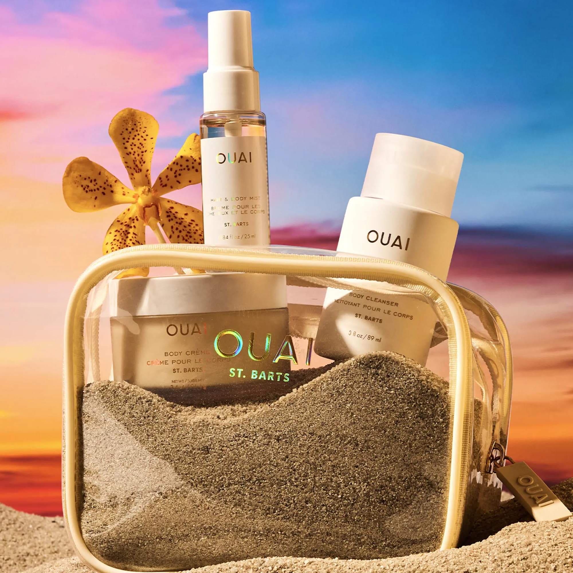 OUAI Wanna Get A-OUAI Kit – Limitierte Reisegröße: Cleanser, Body Crème & Hair & Body Mist – Duft St. Barts – hydratisierend & pflegend – 3-teiliges Geschenkset
