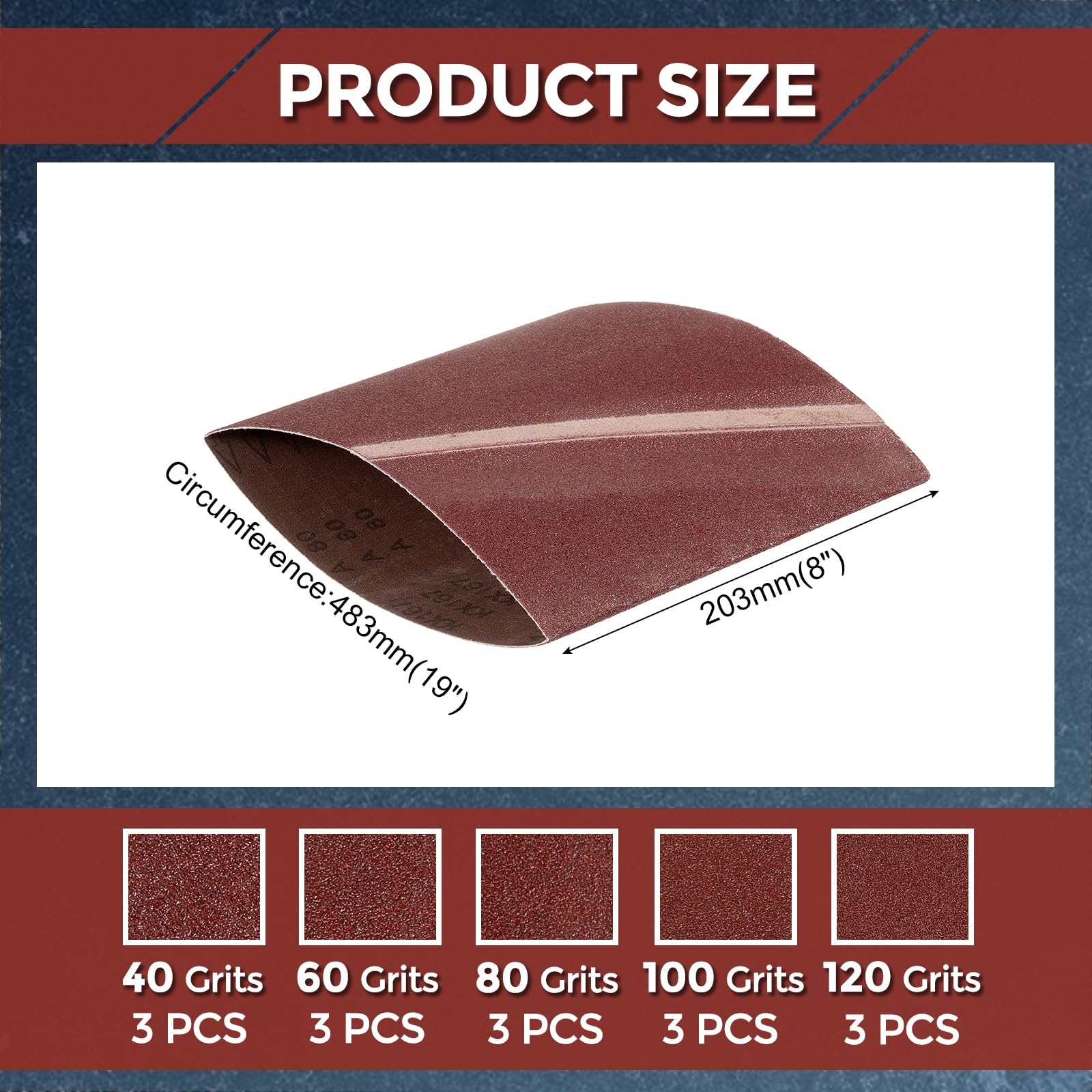 15 Pcs Bandes Abrasives 203mm x 483mm Pour Ponceuse À Bande | Papier Abrasif, Oxyde D'Aluminium, 40/60/80/100/120 Grain, Meulage Métal Travail Du Bois Enlèvement De Rouille
