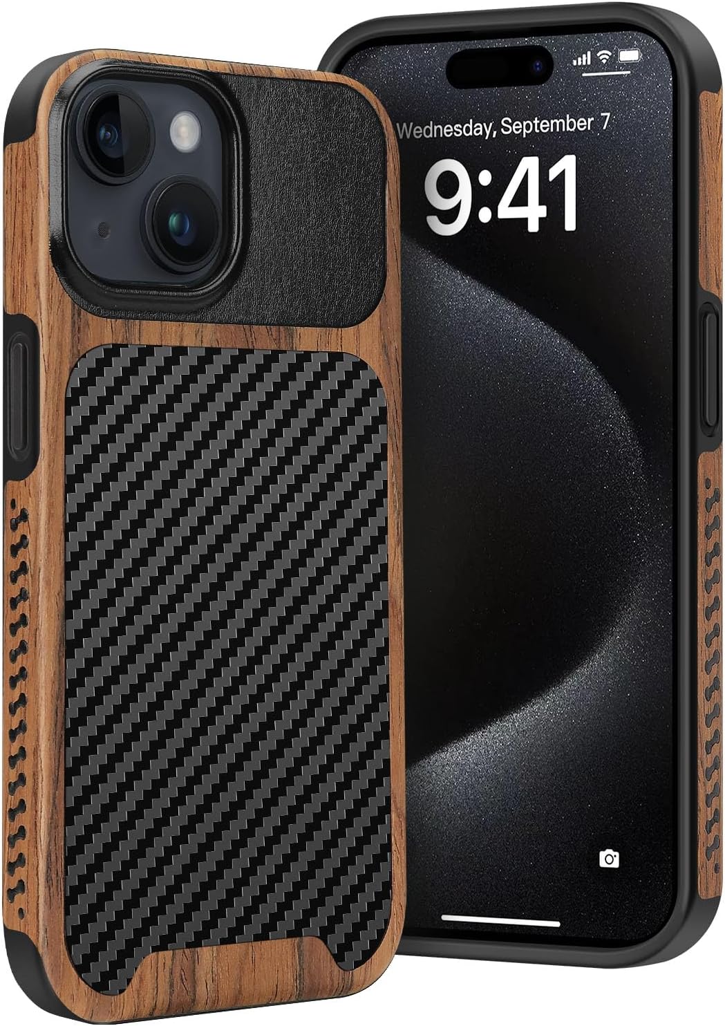 Rugged Case Compatible with iPhone 15 Case, (Natural Wood & Leather & Carbon Fiber Hybrid) Slim Phone Cover, Black
