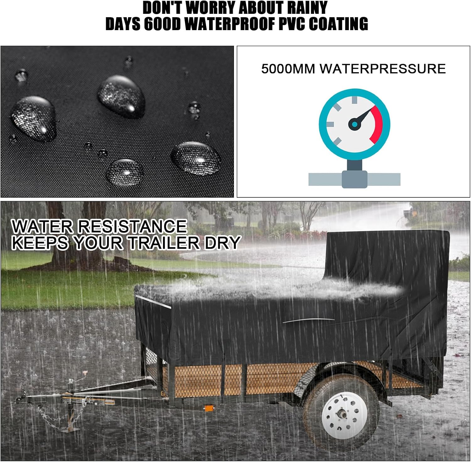 Utility Trailer Cover, 5x8 Trailer Cover with Rear Landscape/Ramp Gate 48” to 60” high, 600D Waterproof Windproof Heavy Duty Black Dump Trailer Cover, Fits 5 x 8 FT (W x L)