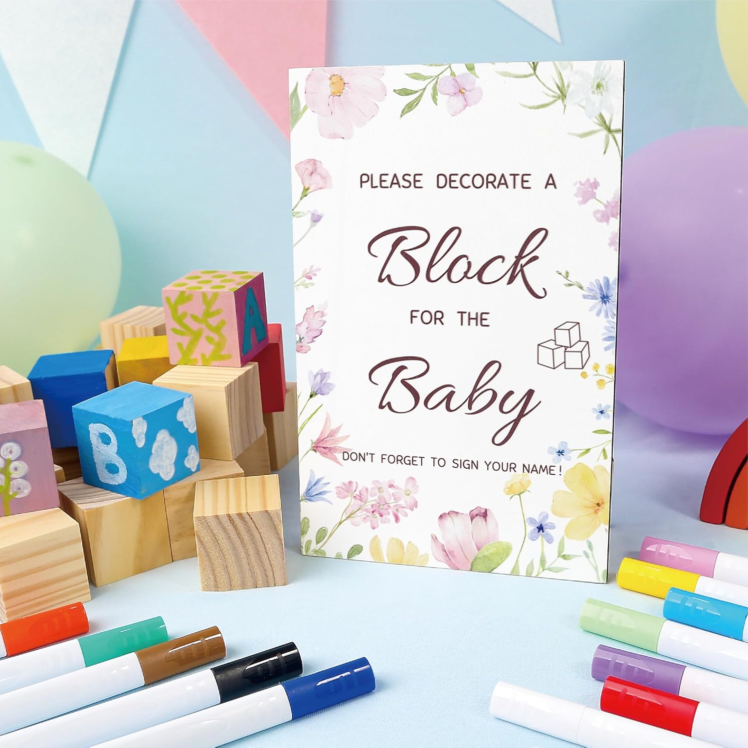 Baby Shower Games, 43PCS Decorate A Block Baby Shower Game Kit Including 1 Wooden Sign 30 Blank Blocks 12 Color Markers, Baby Shower Decorations, Gender Reveal Games for Guests