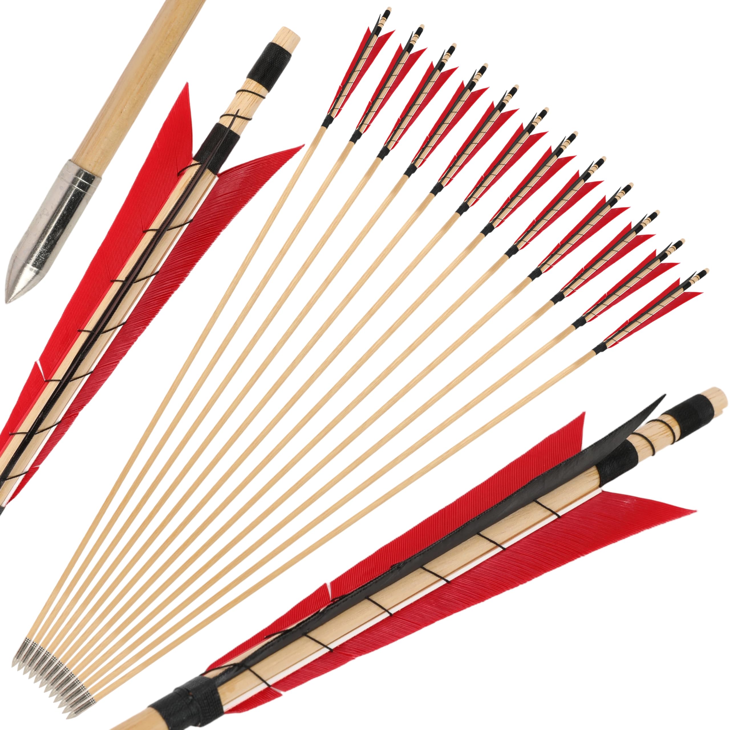 wolfman 6/12pcs Wooden Arrows 32" Traditional Recurve Bow Longbow Bow with 5" Turkey Feather Archery Target Pracrice (12, Red+Black)