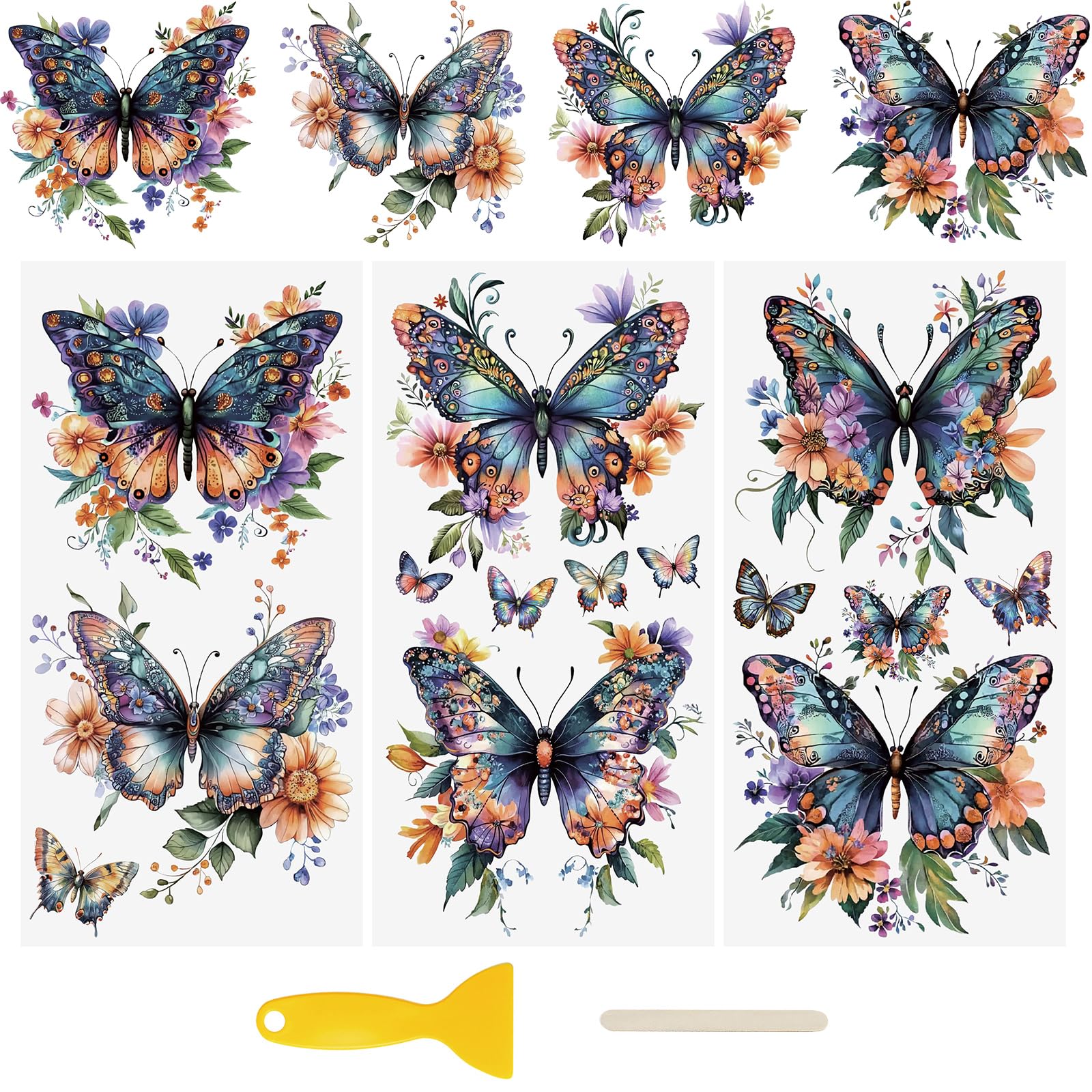 WANDIC 3 Sheets UV DTF Wraps Stickers,Colourful Butterflies Cup Decals Furniture Stickers Waterproof Transfers Window Decals for Glass and DIY Crafts