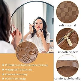 Large Capacity Travel Cosmetic Bag - Portable Makeup Bags for Women Waterproof PU Leather Checkered Makeup Organizer Bag with Dividers and Handle,Toiletry Bag for Cosmetics, Brown