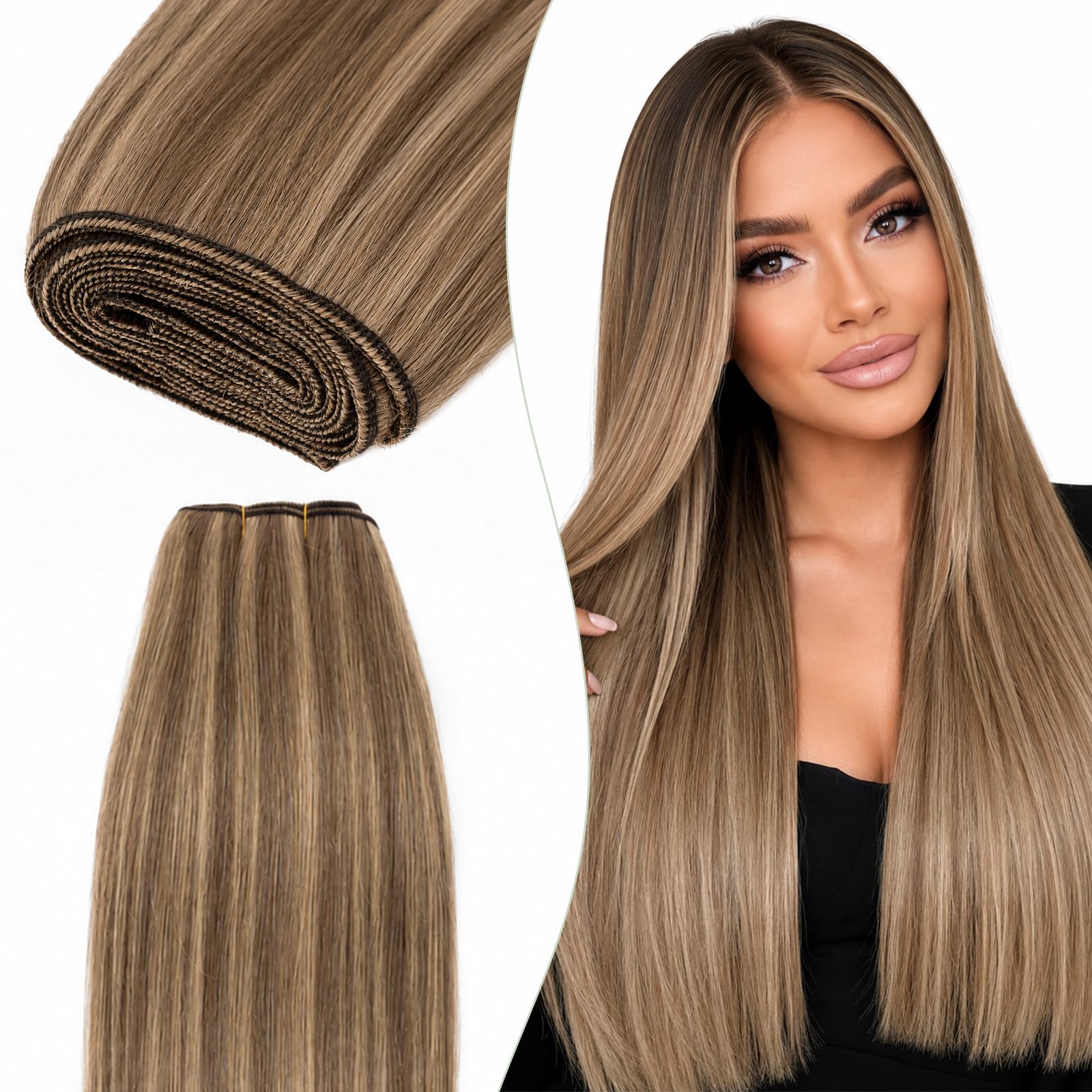Elailite Haartressen Echthaar Sew in Bündel Hair Extensions Tressen Haarverlängerungen Brasilianisches Glatt 100g 70cm #4P27 Mittel Braun/Honigblond