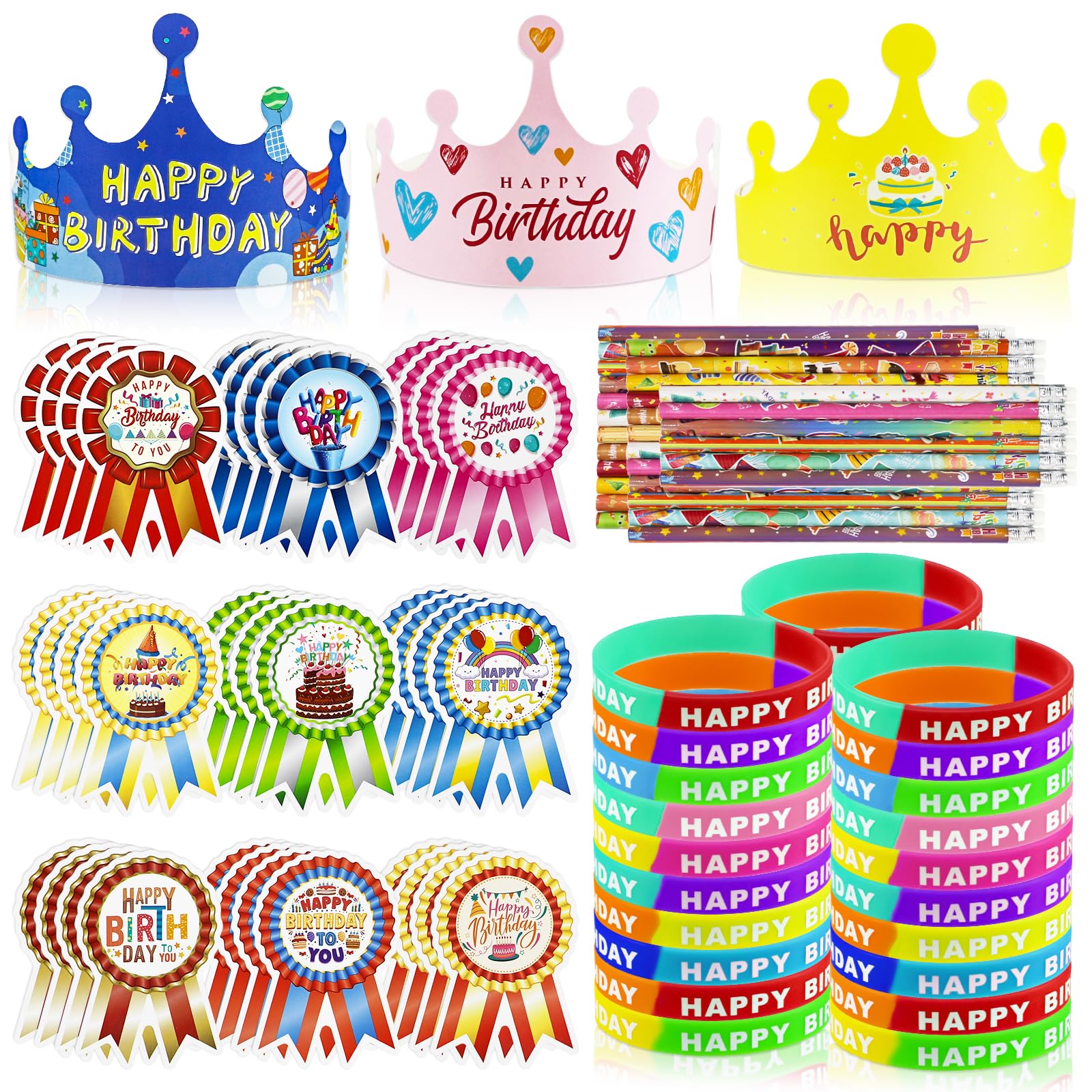 126 PCS Classroom Happy Birthday Kits for Kids, Include Adjustable Birthday Crowns, Multicolor Silicone Bracelets, Pencils & Badge Stickers, Reward Students School Party Favors Teacher Supplies