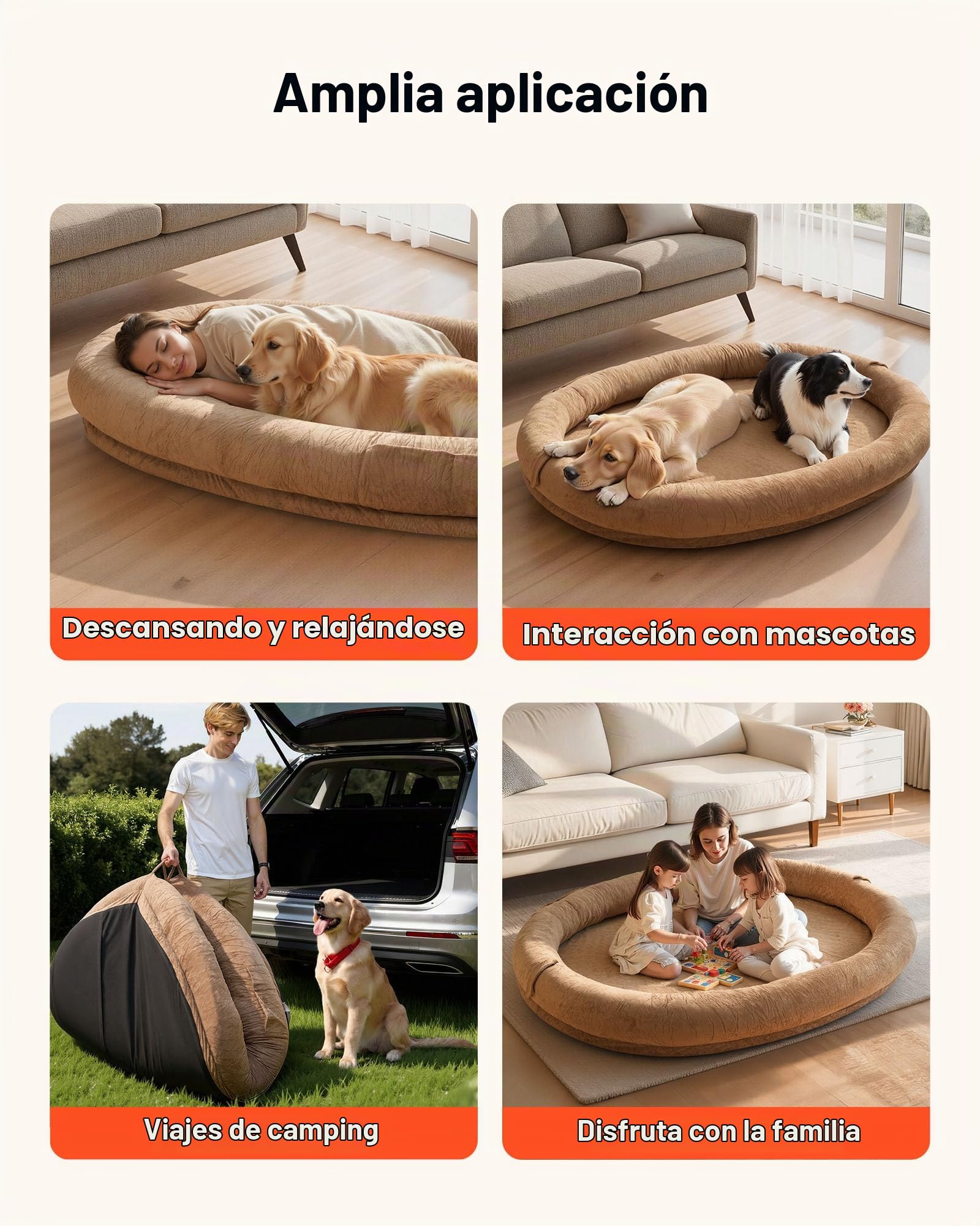VEVOR Cama para Perros de Diseño Ovalado, Tamaño Humano, 177 x 123 x 24 cm, Ortopédica, de Espuma Viscoelástica, con Bolsillo Lateral, Asa y Cremallera, Funda Extraíble y Lavable a Máquina, Marrón