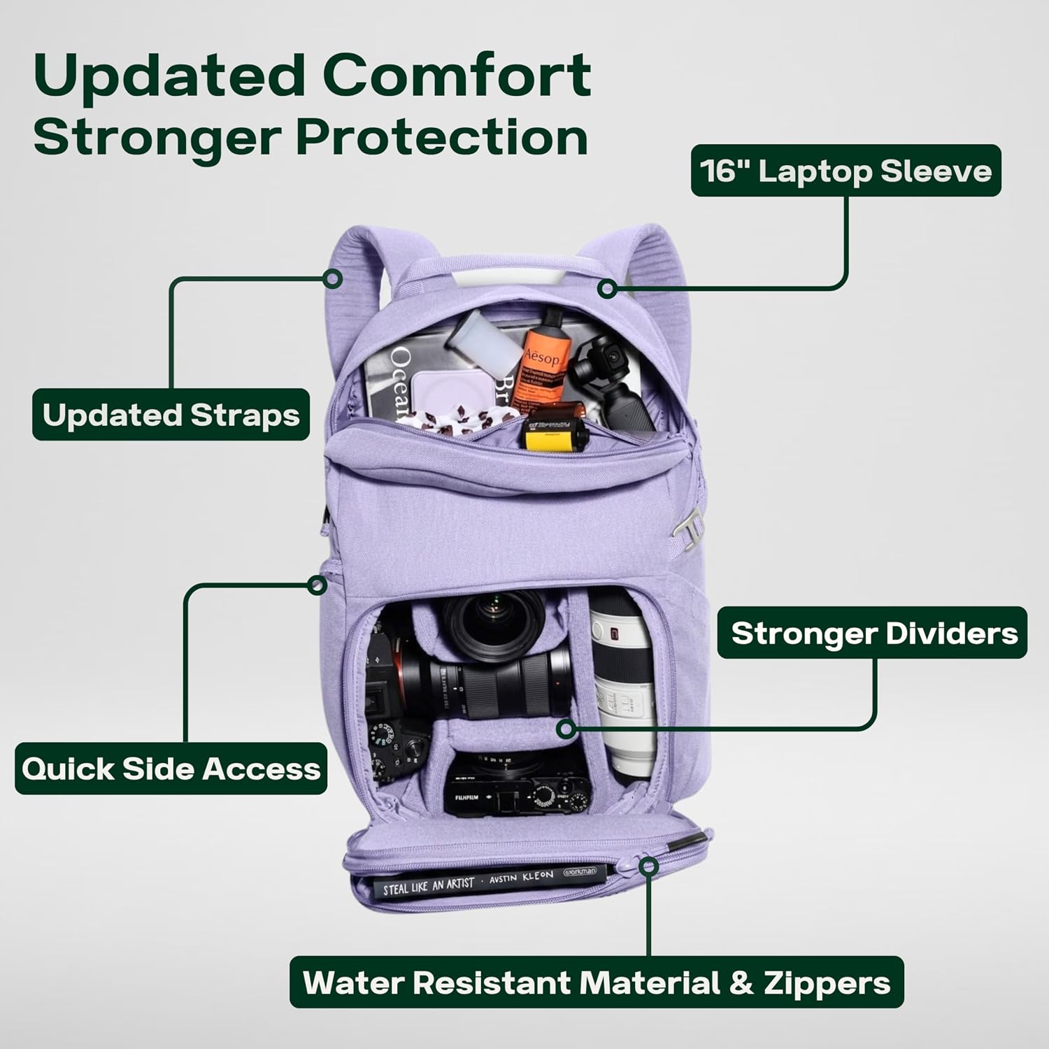 BREVITE Jumper Compact Camera Backpack 2026 Edition: A Minimalist & Travel-friendly Photography Backpack For DSLR Camera & Laptop w/Reinforced Straps & Stiffer Dividers (18L) (Lavender Dream Color)
