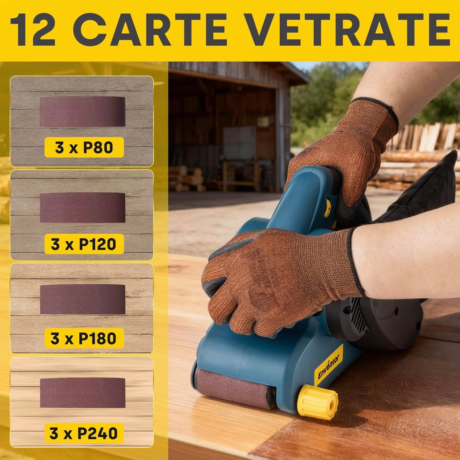 Enventor Levigatrice a Nastro 950W 6 Velocità 120-380m/min 12 Nastri Abrasivi 76 x 533mm Sacchetto Raccoglipolvere
