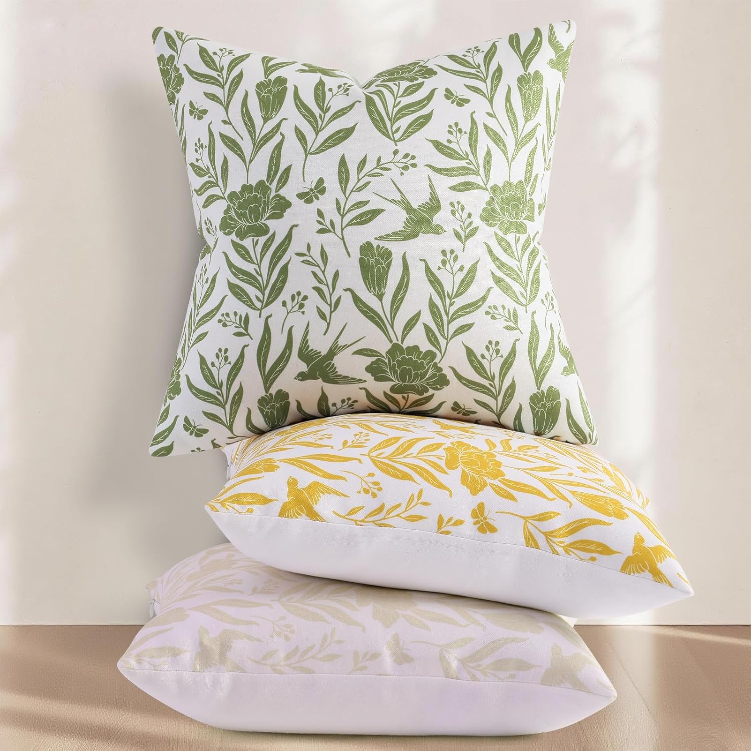 decorUhome Floral Throw Pillow Covers 20x20 Inch Set of 2, Sage Green Vintage Block Print Linen Spring Pillow Covers, Rustic Neutral Toile Farmhouse Decorative Square Pillowcases for Couch Sofa