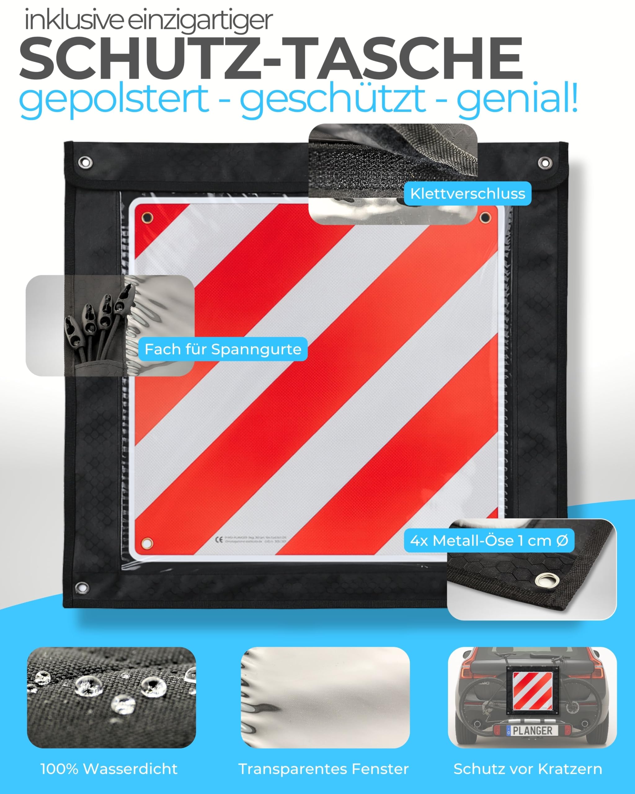 PLANGER®- waarschuwingsbord Italië en Spanje 2-in-1 (50 x 50 cm) - reflecterend waarschuwingsbord rood wit voor bagagedrager en fietsendrager Waarschuwingsbord tas