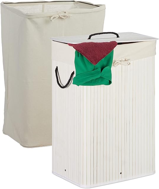 Relaxdays Bamboo Laundry Basket, Folding Hamper with Lid, 80 L, Rectangular, 2 Inner Washing Bags, 66x44x34 cm, White