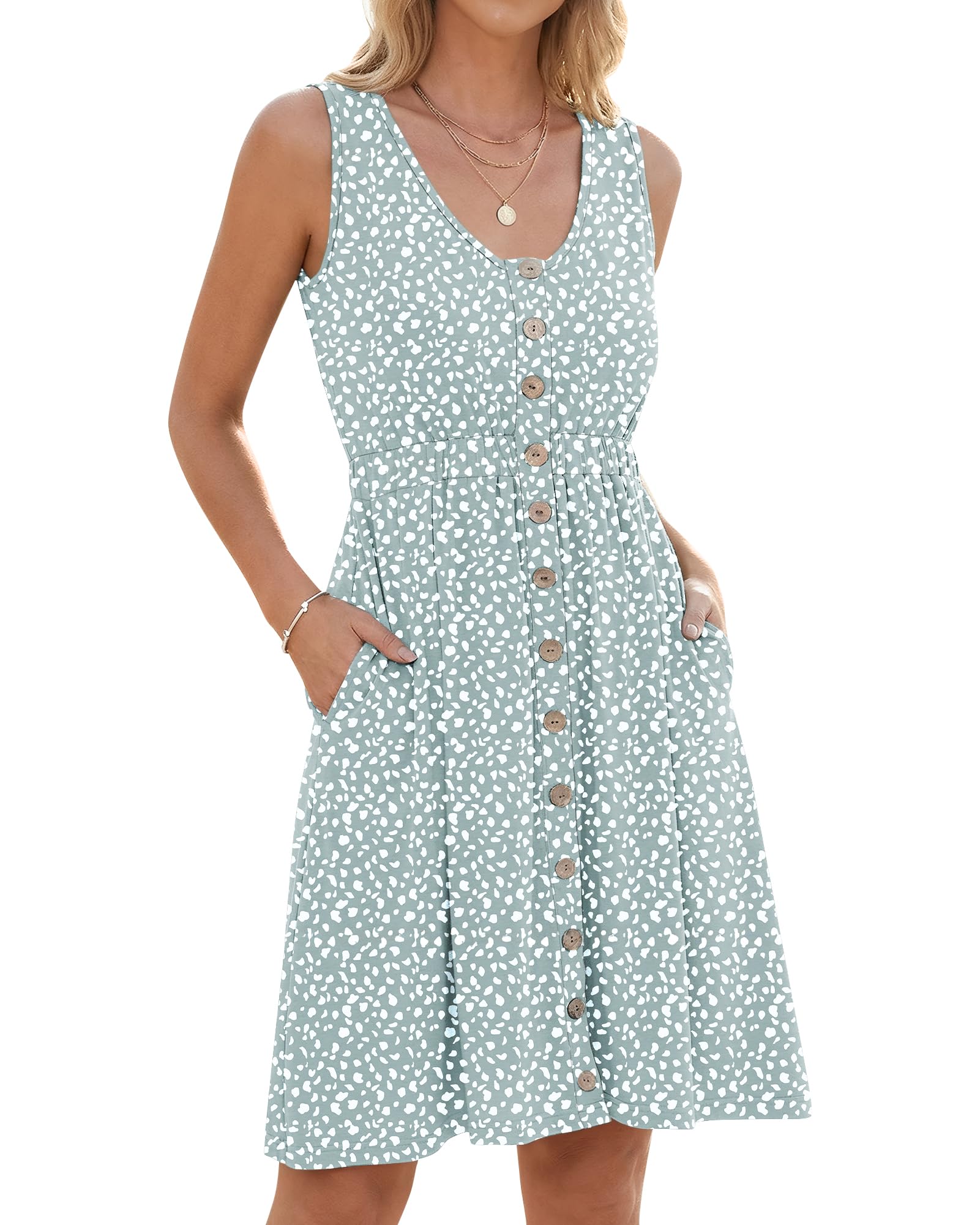 AUSELILY Sommerkleid Damen Ärmellos V-Ausschnitt Minikeid Casual Button Down Strandkleid mit Taschen