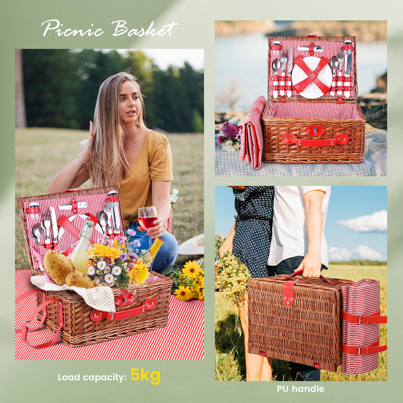 Cesta Picnic 4 Personas,Set de Picnic de Mimbre con Manta de Picnic Impermeable y Juego de Cubiertos, Cesta de Picnic para Camping,Rosa