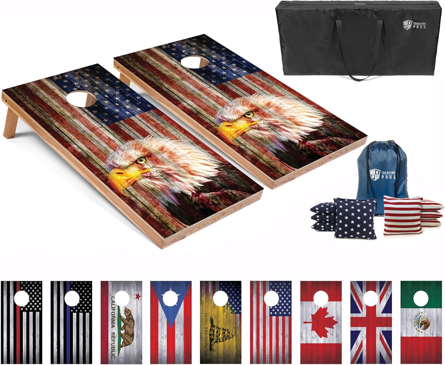 Tailgating Pros Regulation Flag Cornhole Boards Set - ACA Standard 4x2 ft Wood Boards, 8 Corn Bags, Carrying Cases