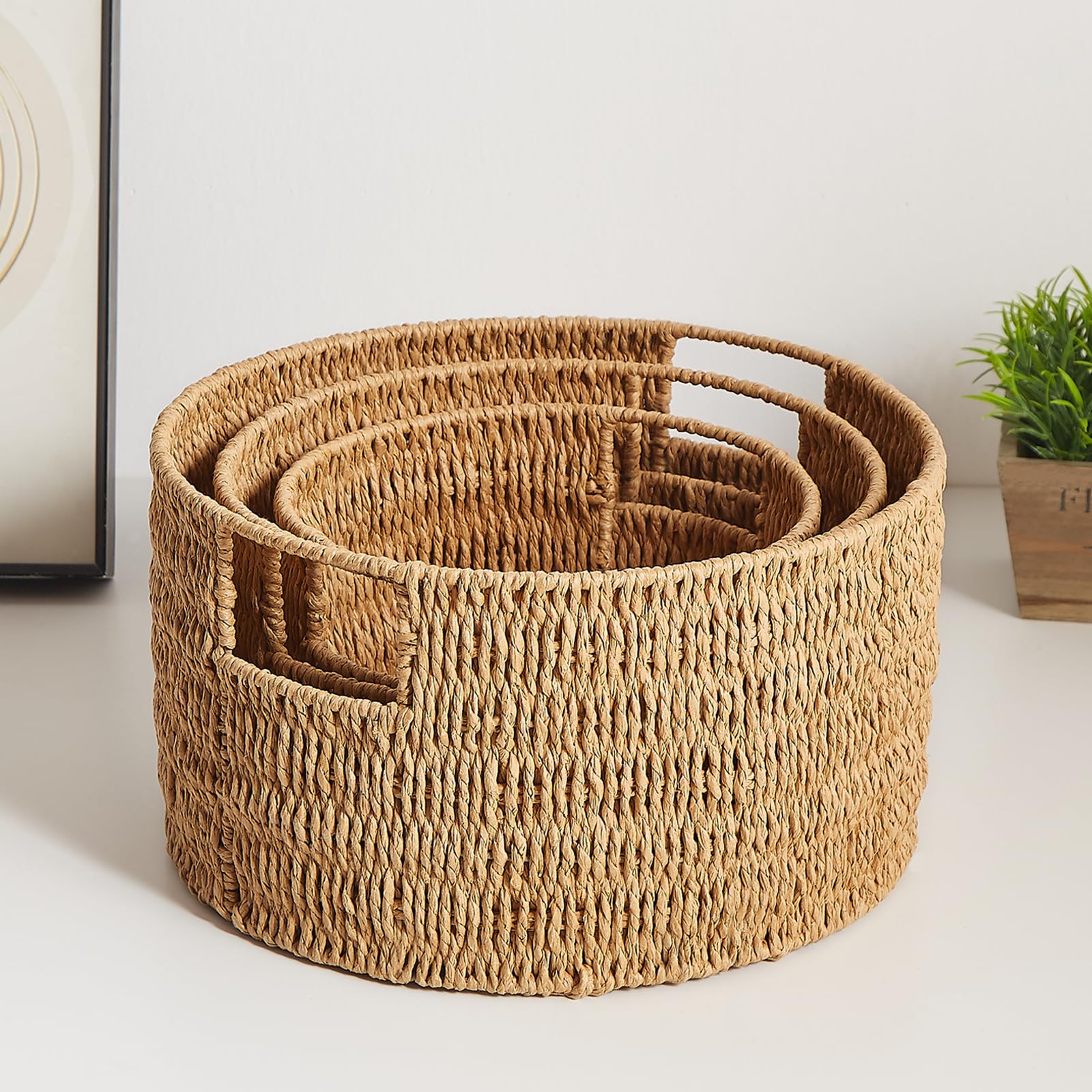 Vagusicc Aufbewahrungskorb rund 3er Set, Decorasian Korb Aufbewahrung mit Holzgriffen, Geschenkkorb leer aus Recyclebarem Papierseil für Schlafzimmer, Badezimmer, Wohnzimmer, Jute