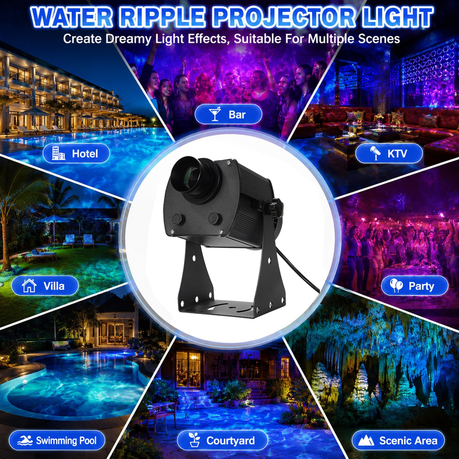 Proiettore Luminoso da Esterno (Ondulazioni dell'Acqua), Resistente alle Intemperie — Ideale per Halloween, Natale, Feste, Giardini, Cortili (Uso Interno Ed Esterno) Monochrome-200W