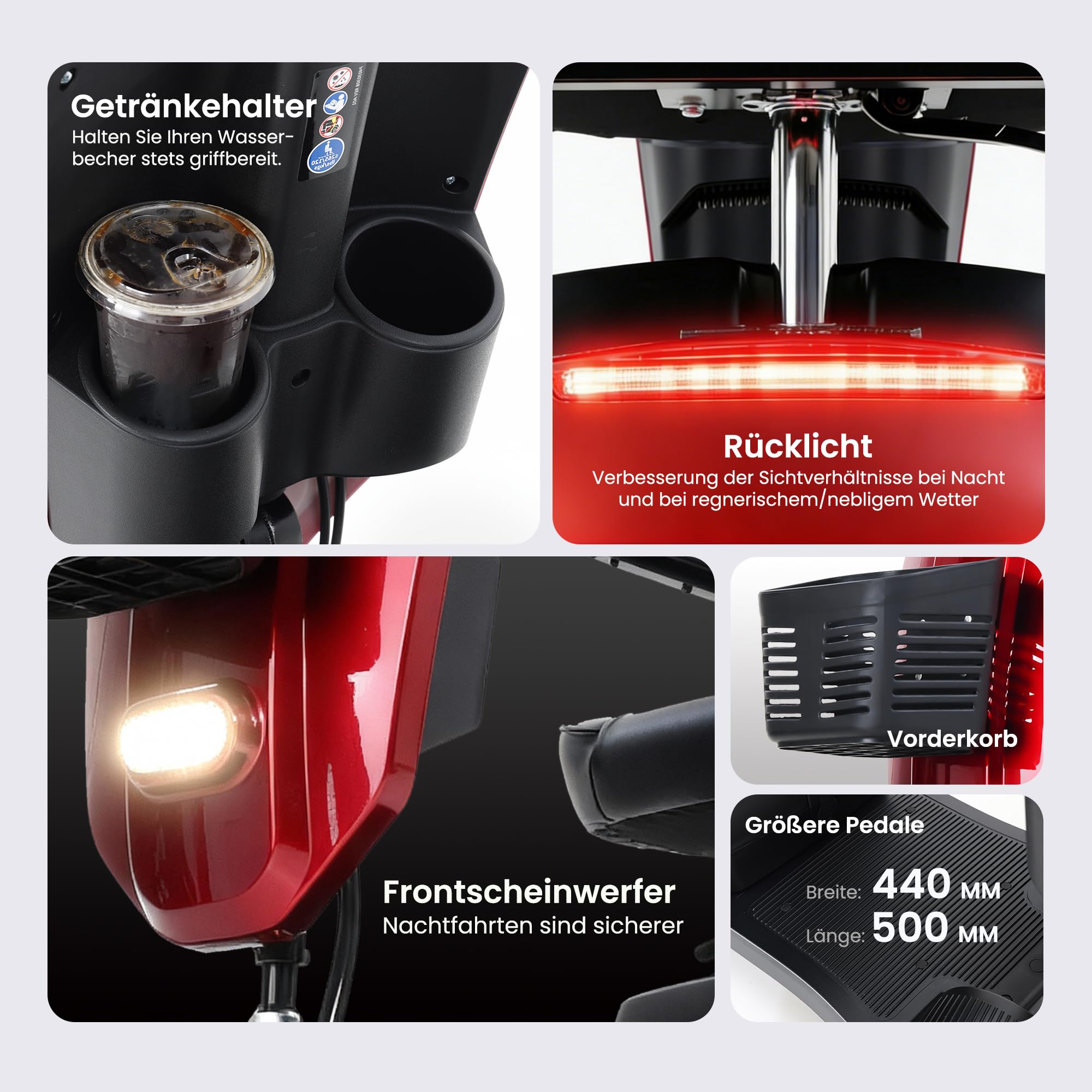 Elektromobil Seniorenmobil Rollstuhl elektrisch faltbar,20AH herausnehmbarer Akku 25km,300W,360° Luxus-Sitz mit Kopfstütze,E-Bremse,32cm Fußraum,9-Zoll Luftreifen stoßdämpfend,LED,USB,Windabweiser Rot
