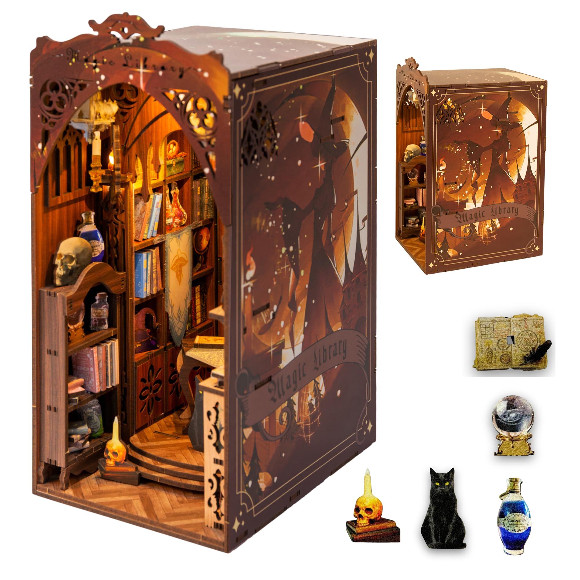Book Nook Kit-DIY Puppenhaus Holz Miniatur Haus Buch Ecke für Erwachsene Teens 3D Holzpuzzle Bücherecke Bücherregaleinsatz Kits mit Sensor Led Licht Miniaturhaus zum Selbstbauen Magische Buchhandlung