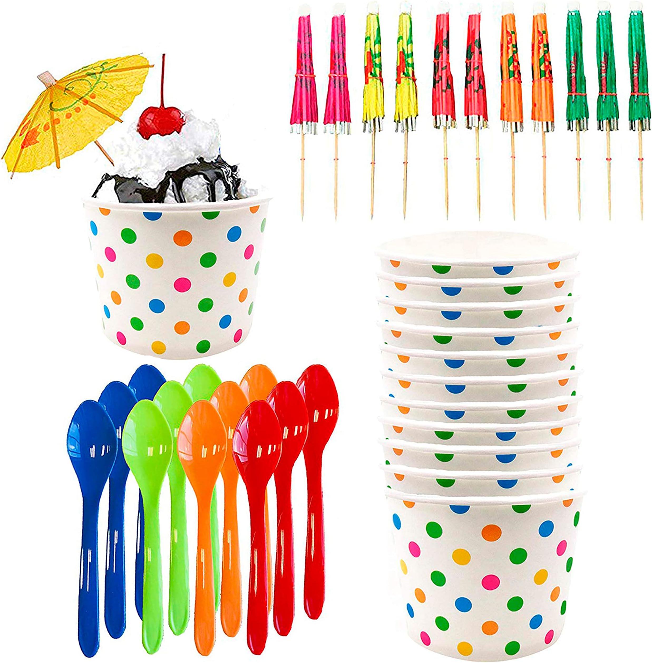 Ice Cream Sundae Kit - 12 Ounce Polka Dot Paper Treat Cups - Heavyweight Plastic Spoons - Paper Umbrellas - 12 Each Pink Orange Yellow Green Blue
