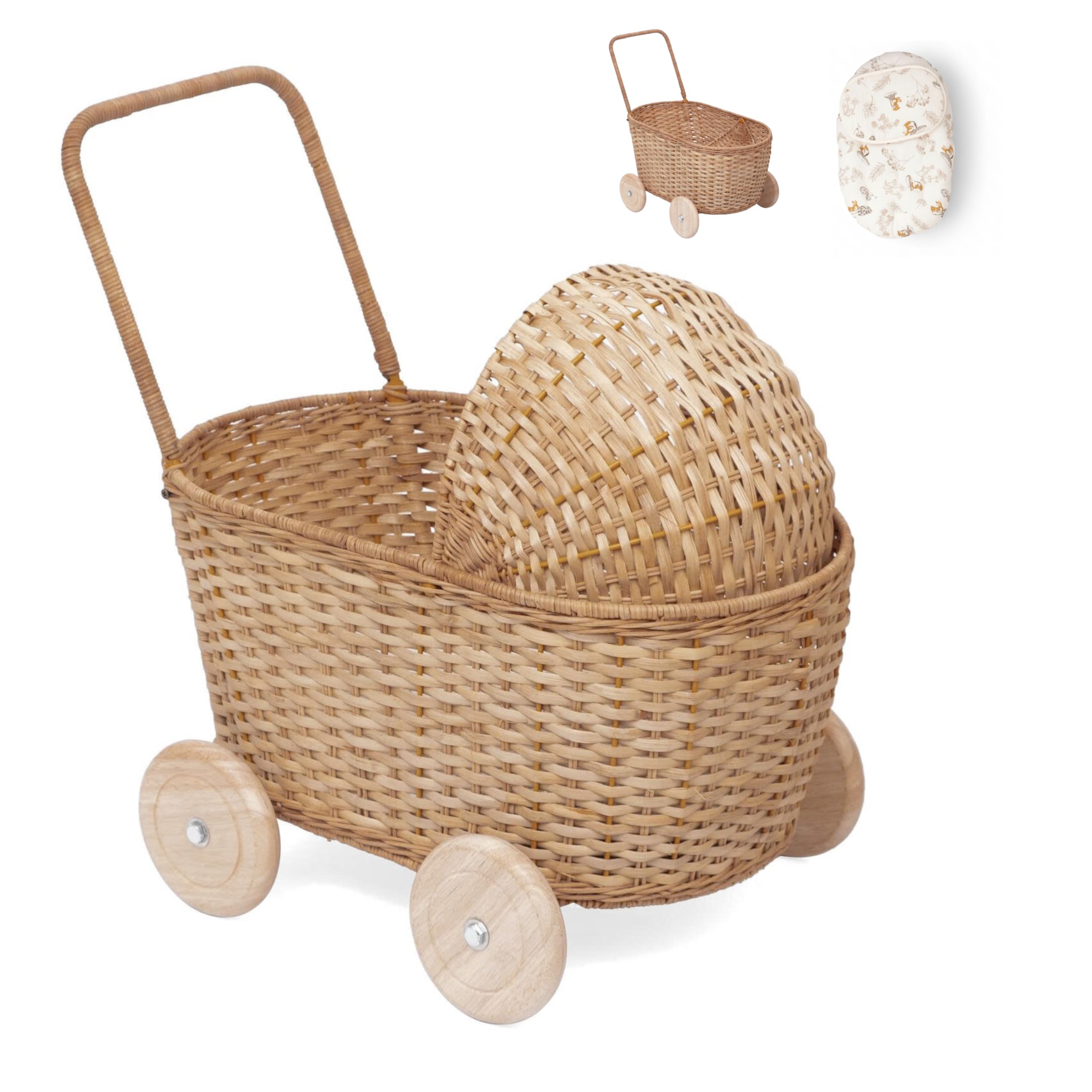 GON Stroller – 3 in 1 Rattan Puppenwagen, Einkaufwagen & Lauflernwagen für Kinder | Handgeflochtener Puppen-Buggy aus Naturmaterialien mit Kissen & Matratze | Holzpuppenwagen ab 1 Jahr - Natural