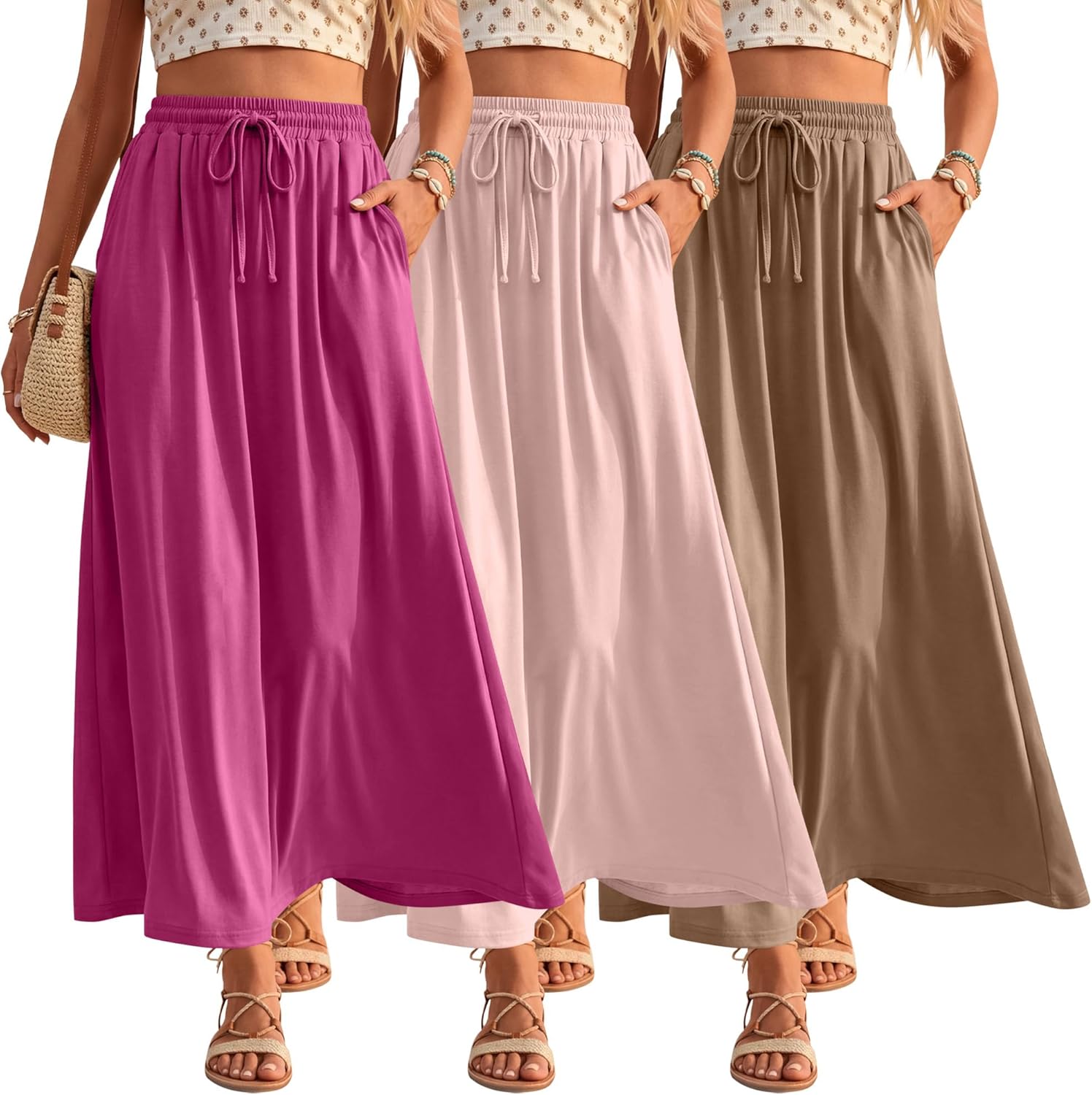 Ficerd 3 Pack Women's Maxi Long Skirts, Ankle Length a Line Elastic High Waist Summer Casual Drawstring Skirts with Pockets