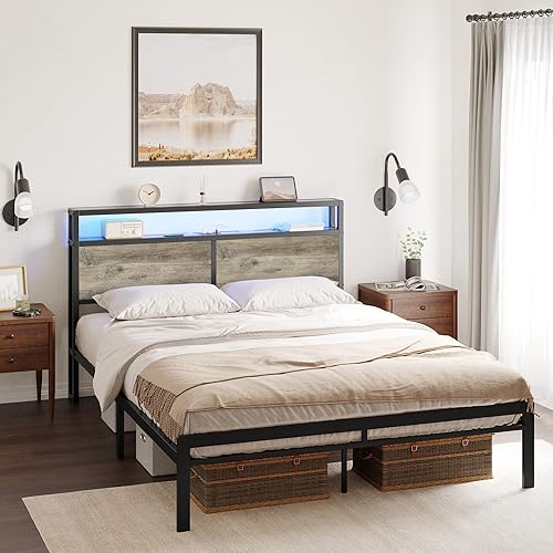 Full Bed Frame with Storage Headboard Metal Platform Bed with LED Lights USB Ports & Outlets Non-Slip Without Noise Strong Metal Slats Support No Box Spring Needed