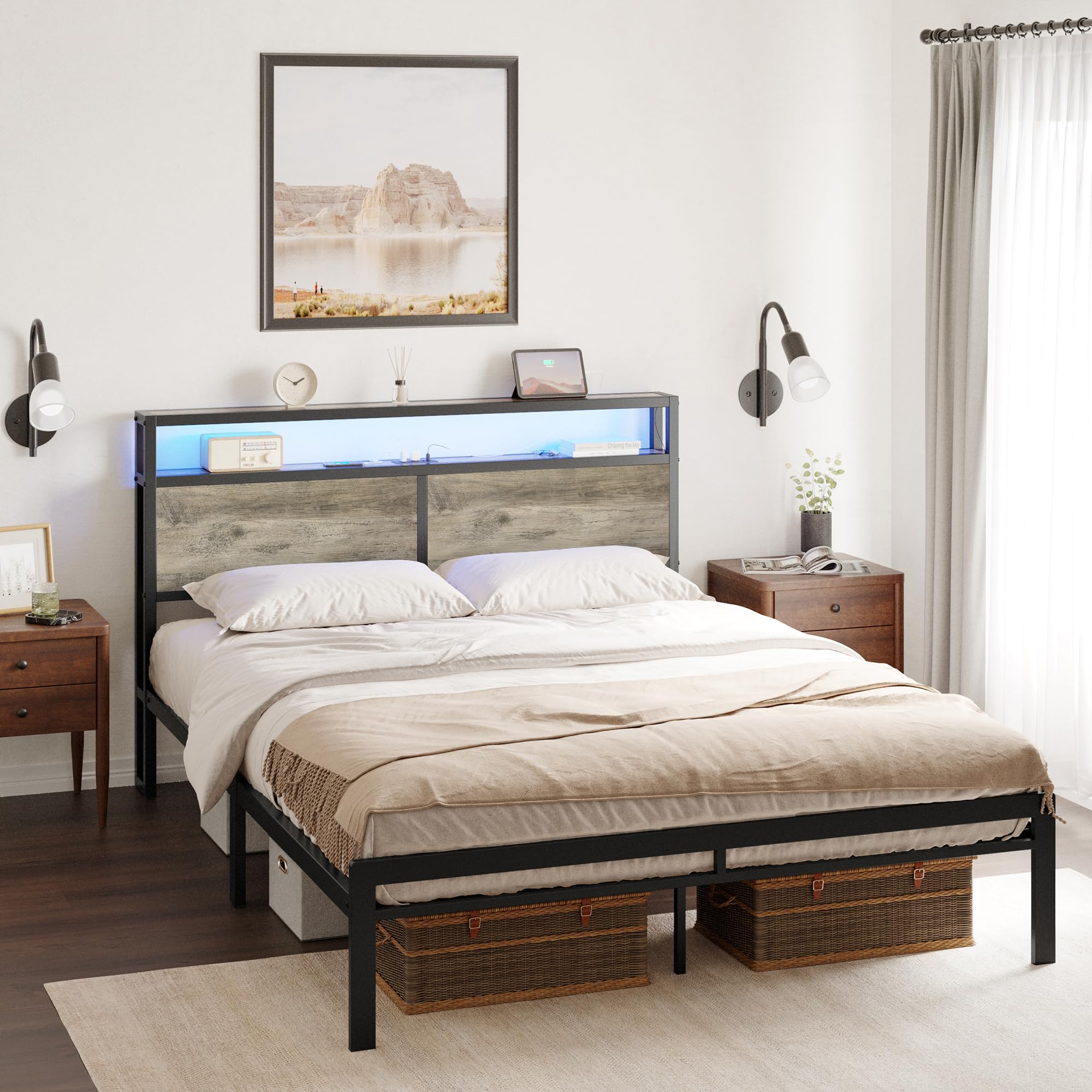 HAUSOURCE Queen Bed Frame with Storage Headboard & LED Lights, Sturdy Steel Platform, Reinforced Slats, Noise-Free Non-Slip Design, No Box Spring Needed, Easy Assemble Mattress Foundation