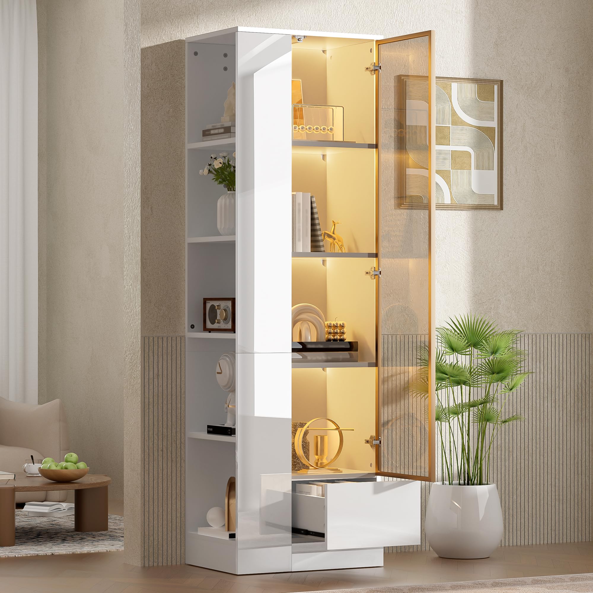 Shye Vitrina con puerta de cristal, armario brillante con cajones y compartimentos abiertos, mucho espacio de almacenamiento para salón y comedor, color blanco, 50 x 35 x 160 cm