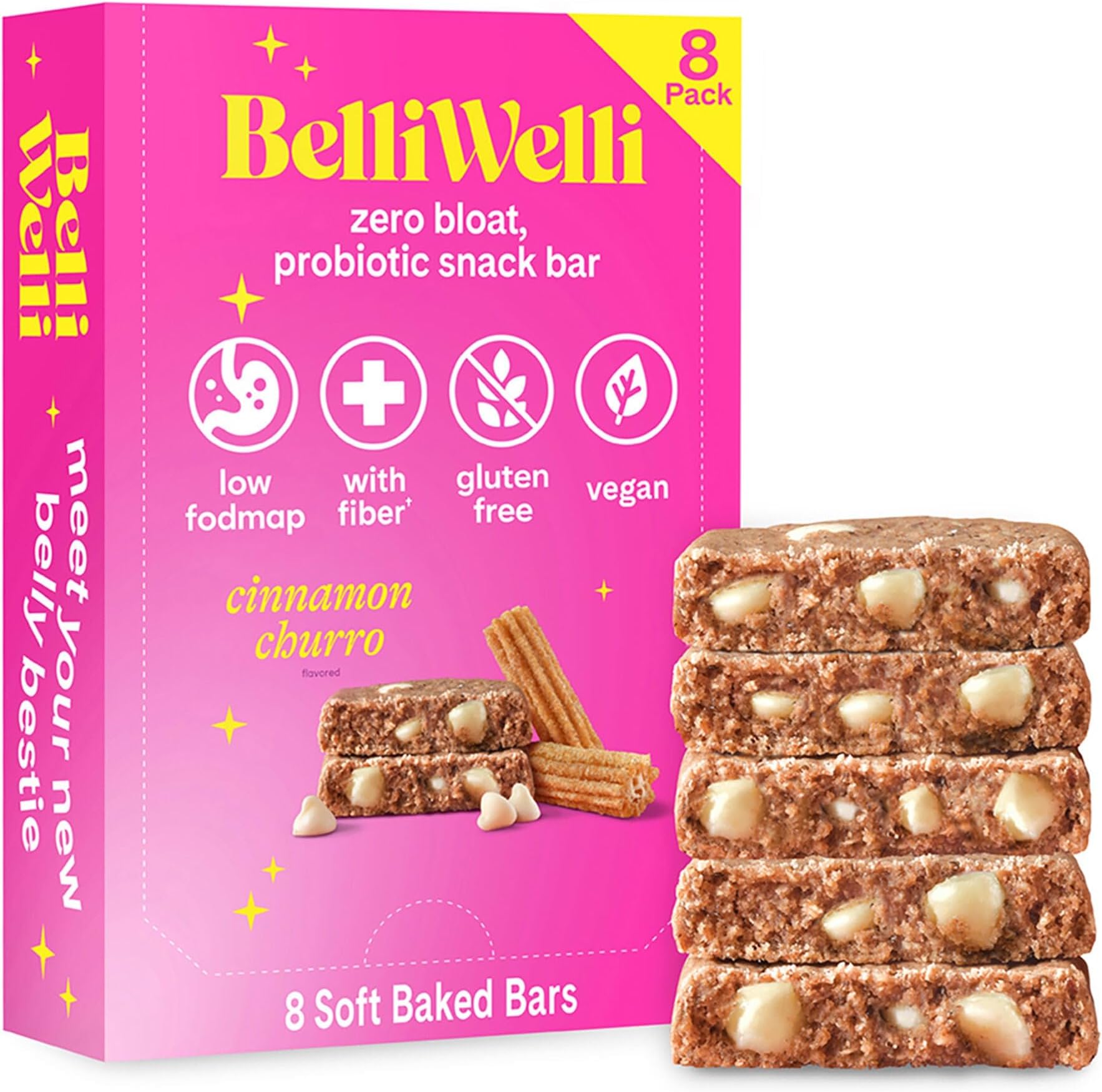 Belliwelli Soft Baked Probiotic Snack Bar | Gluten-Free, Dairy-Free, Vegan, & Low-FODMAP | Cinnamon Churro (8 Pack)