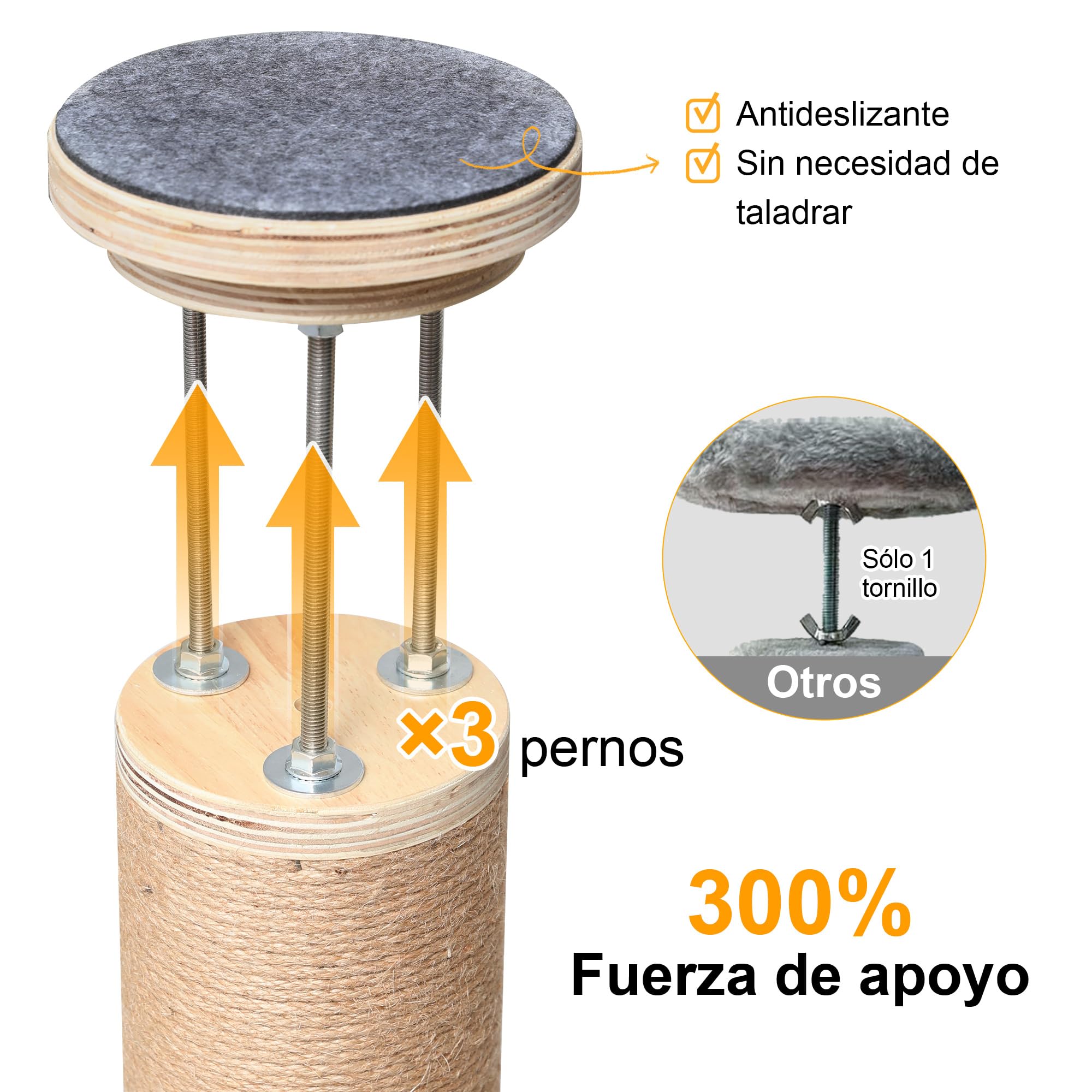 FUKUMARU Árbol rascador para Gatos, Torre de 6 Niveles hasta el Techo (280-300 cm), montado en la Pared, Hecho de Madera de Caucho Natural, con cápsula Espacial Transparente y cómoda Hamaca, Gris