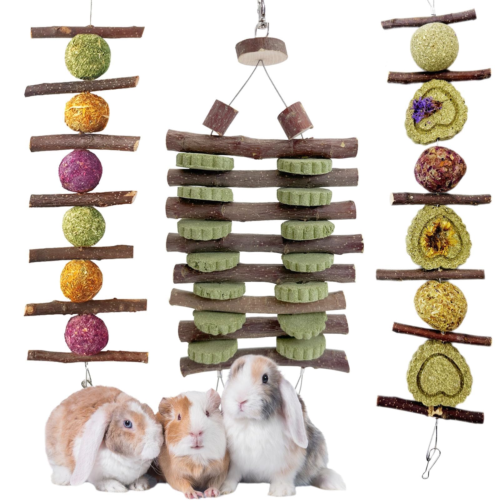Hamiledyi Bunny Chew Toys Rabbit Hanging Toys for Teeth Grinding Rabbit Toys Natural Fruit Sticks Timothy Grass Cakes Chew Toys and Treats Improve