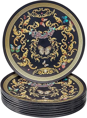Platos llanos de plástico negro y dorado para fiesta (10 unidades) Juego de vajilla desechable resistente de 10.25 pulgadas, platos finos de aspecto