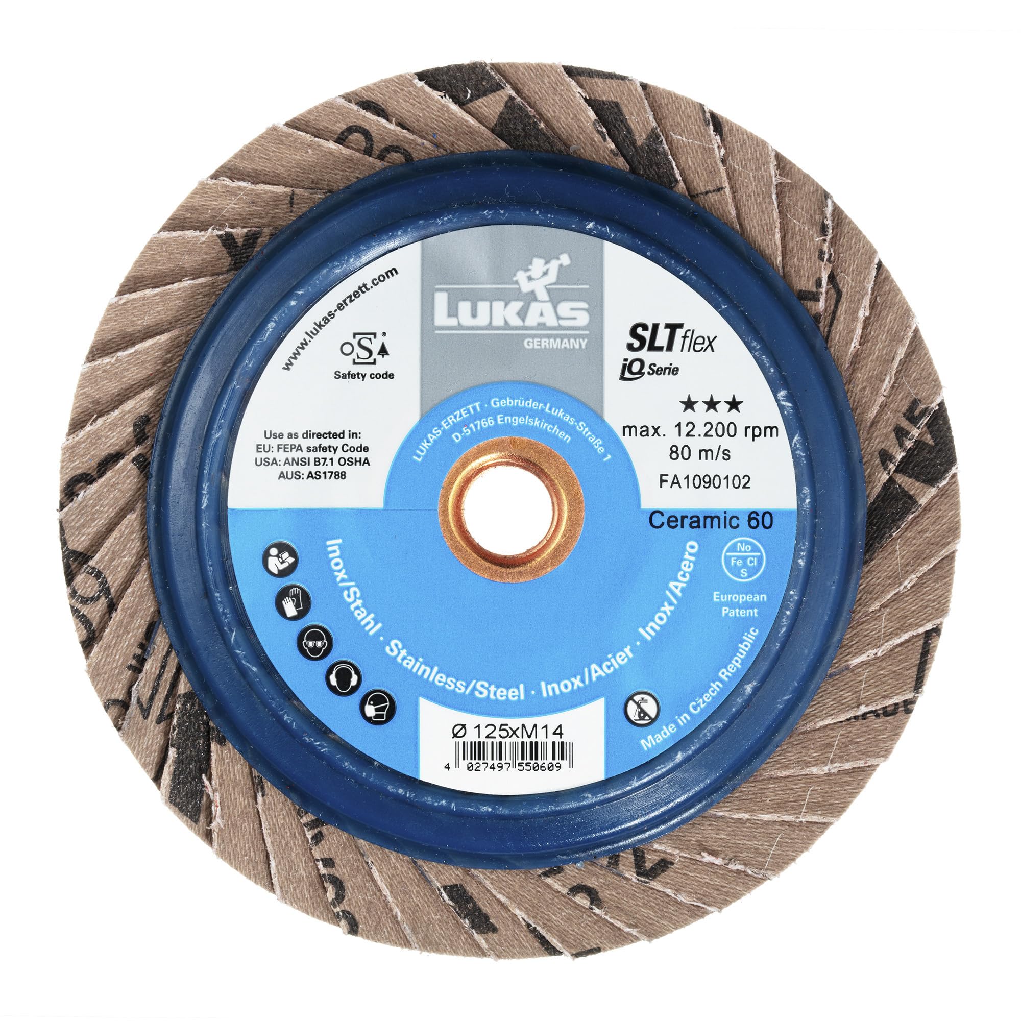 LUKAS-ERZETT - 10 dischi abrasivi a ventaglio SLTflex universali, Ø 125 mm, grana ceramica 40, piatti, 13 x 13 x 15,5 cm