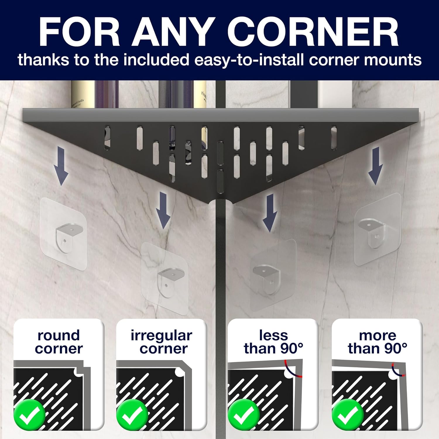 Bathroom Corner Shelves for Shower - Adhesive / Stick / Drill / No Drill - 16" Strong Black Floating Corner Shelf for Tiled Wall, Bathroom, Inside Shower Caddy, Shelf Wall Mount Triangular, Organizer