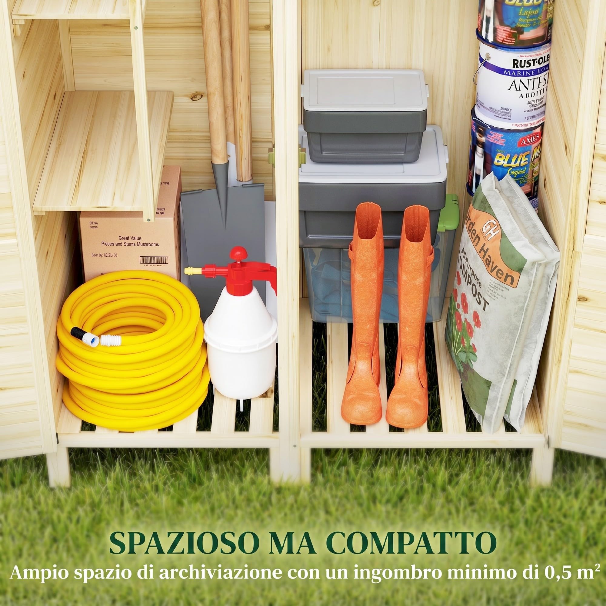 Outsunny Armadio da Giardino in Legno di Abete Design a Doppia Zona, Casetta Porta Attrezzi da Esterno con Ripiani Amovibili, Finestre, Porte, Tetto Asfaltato Inclinato, 106x57x167 cm, Color Legno