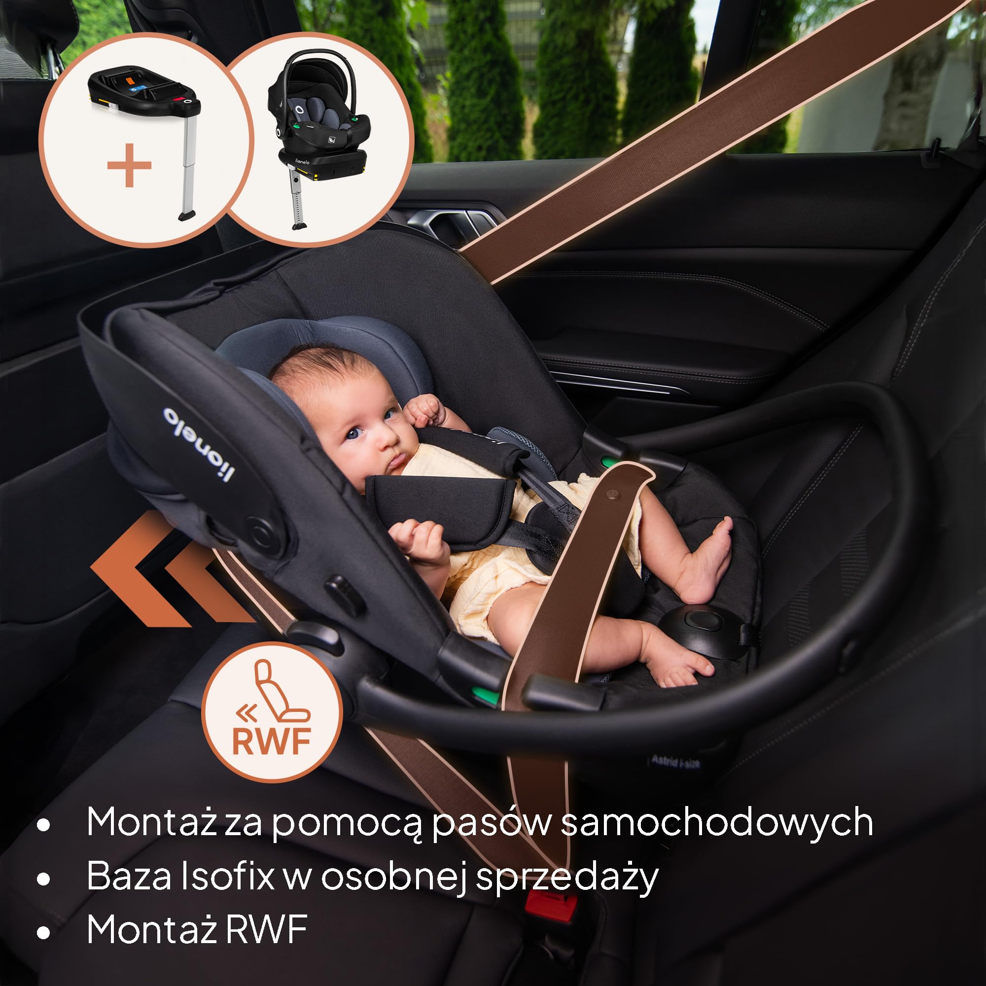 LIONELO Fotelik samochodowy dla niemowląt Astrid I-Size dla malucha 40-87 cm (0-15 miesięcy), uniwersalne dopasowanie, opcja skierowana do tyłu, lekki 4 kg, SideProtect, zagłówek z pianki pamięci, 3