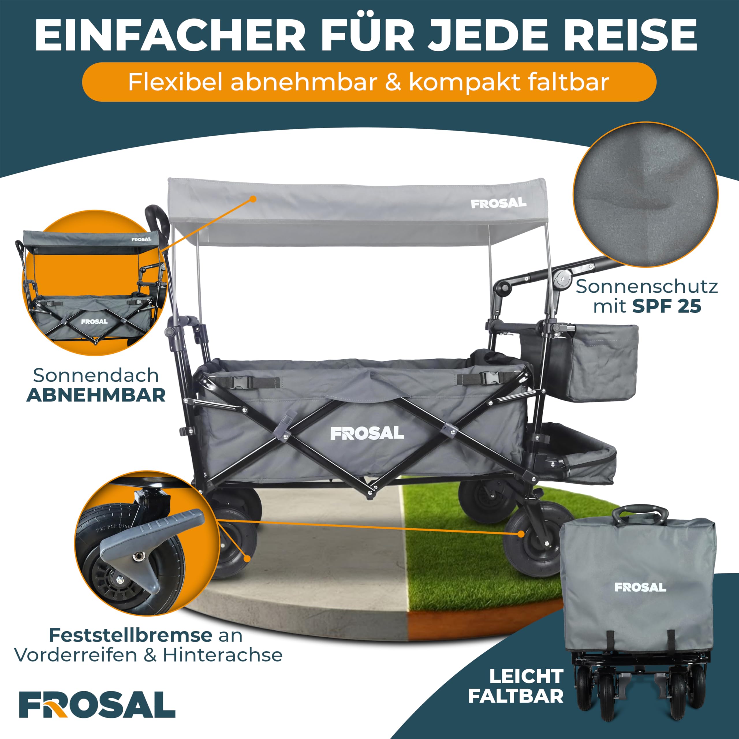 FROSAL Bollerwagen Leo faltbar mit Luftreifen & Dach – Handwagen klappbar für Strand, Camping & Garten – 80kg belastbar – mit Bremse, Schiebegriff & Zugstange – Transportwagen Kinder grau