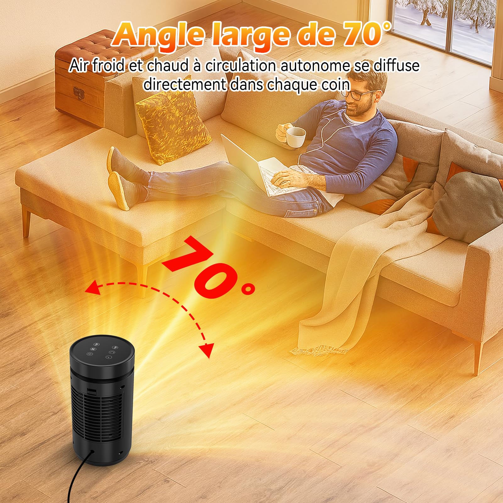 Chauffage d'appoint, Chauffage Electrique Puissant 1500W avec modes éco et Oscillation 70° - Thermostat, minuterie 1-12H, léger et silencieux, sécurité d'arrêt automatique, Chauffage Soufflant