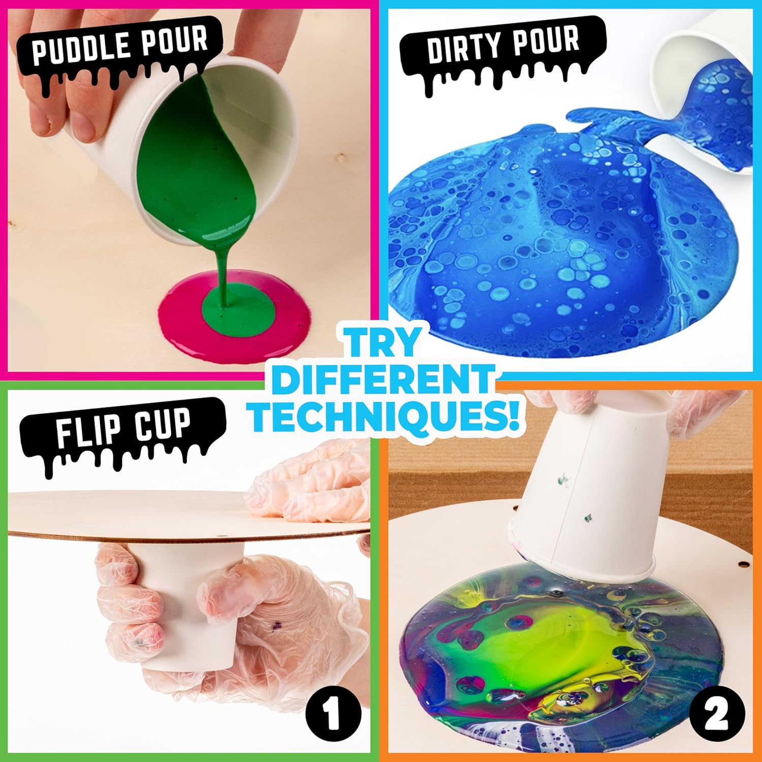 Original Stationery Kids Paint Pouring Kits - Multicolor, 6 Fluid Paints, 3 Wood Boards & Hanging Cords - Acrylic Pouring & Pour Painting Kit for Kids Ages 8 & Up with Gold Foil Sheets